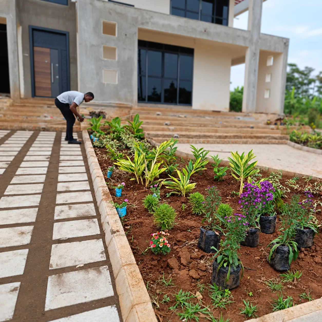 A worker tends a new planting bed beside the stepping-slab path to the house.