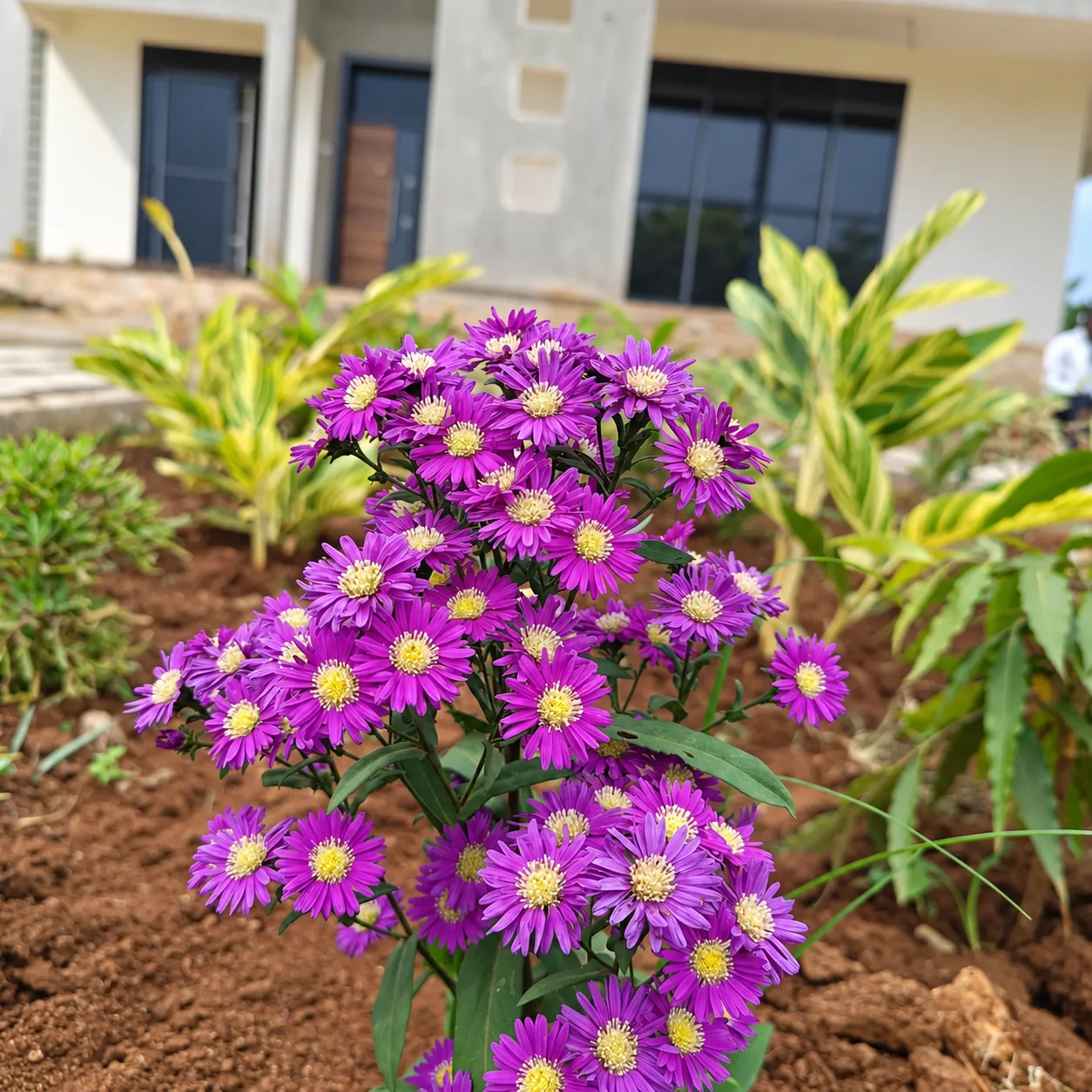 Purple flowers stand among young green and yellow foliage beside the house.