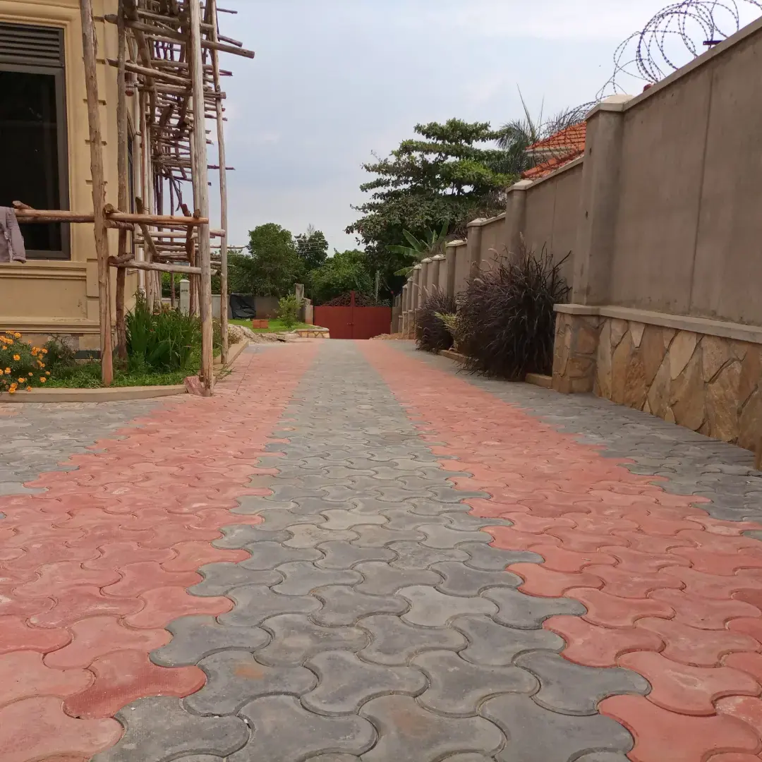 Red and grey interlocking pavers form the route alongside the house.