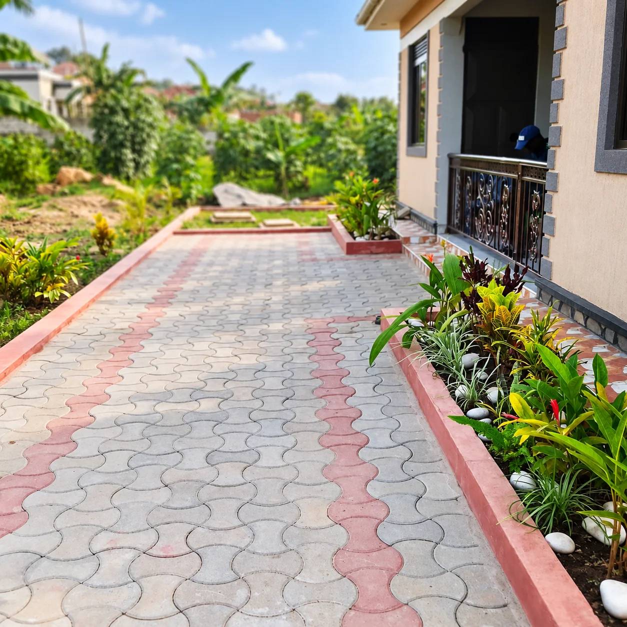 Grey and red interlocking paving beside a raised planted border at Bwerega.