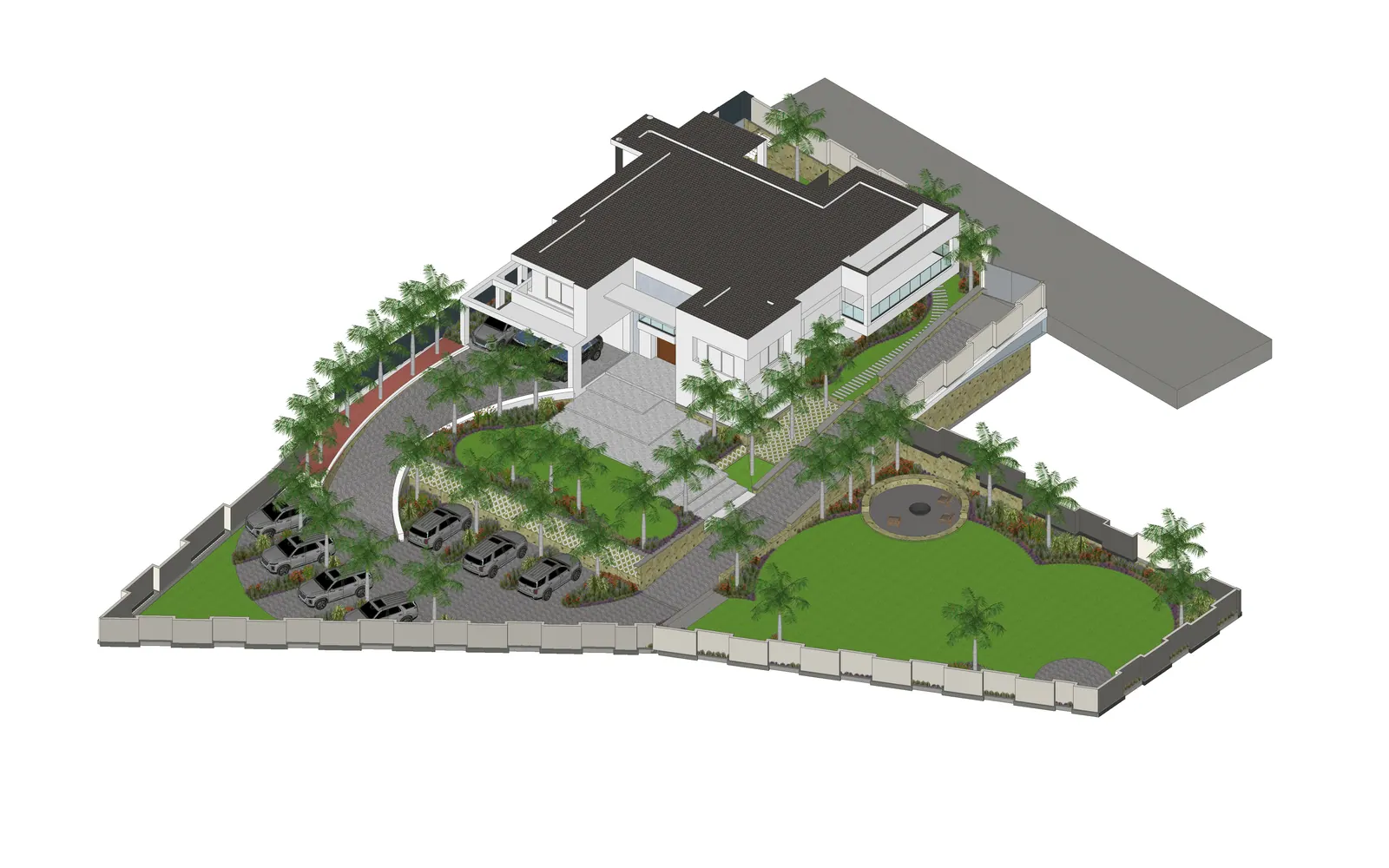 An overview of the arrival court, residence, planted terraces and main lawn.