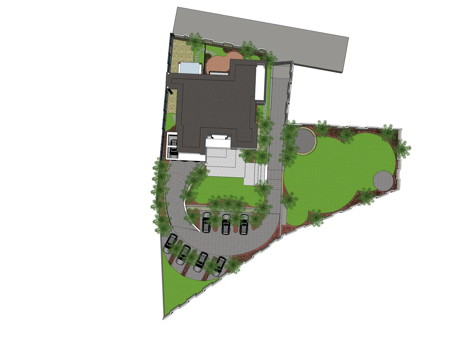Site plan showing the residence, parking, lawn and rear courtyard