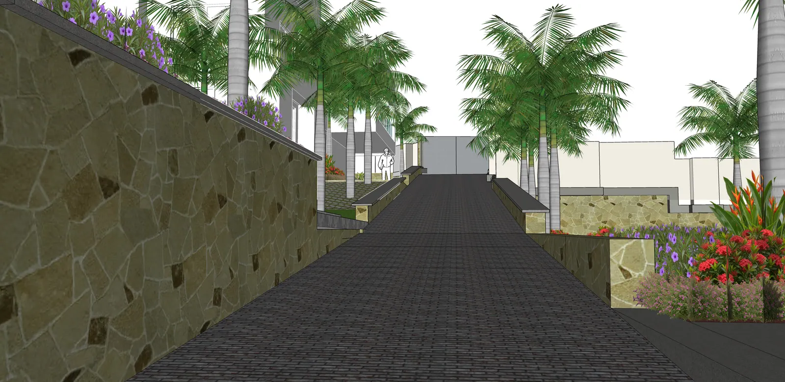 A paved route follows the stone-faced garden edge.