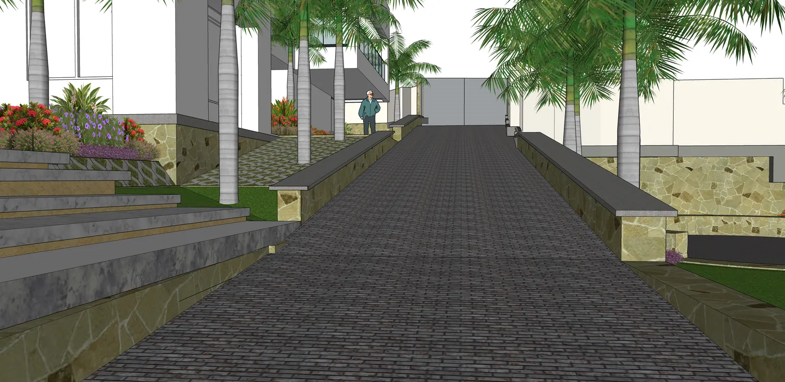 The driveway and entrance steps connect the different levels.