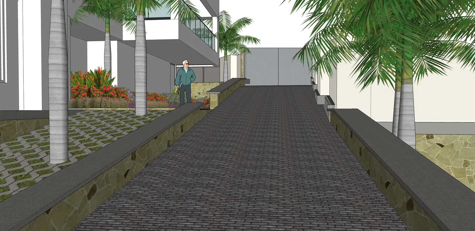 Palms and planted edges frame the route alongside the residence.