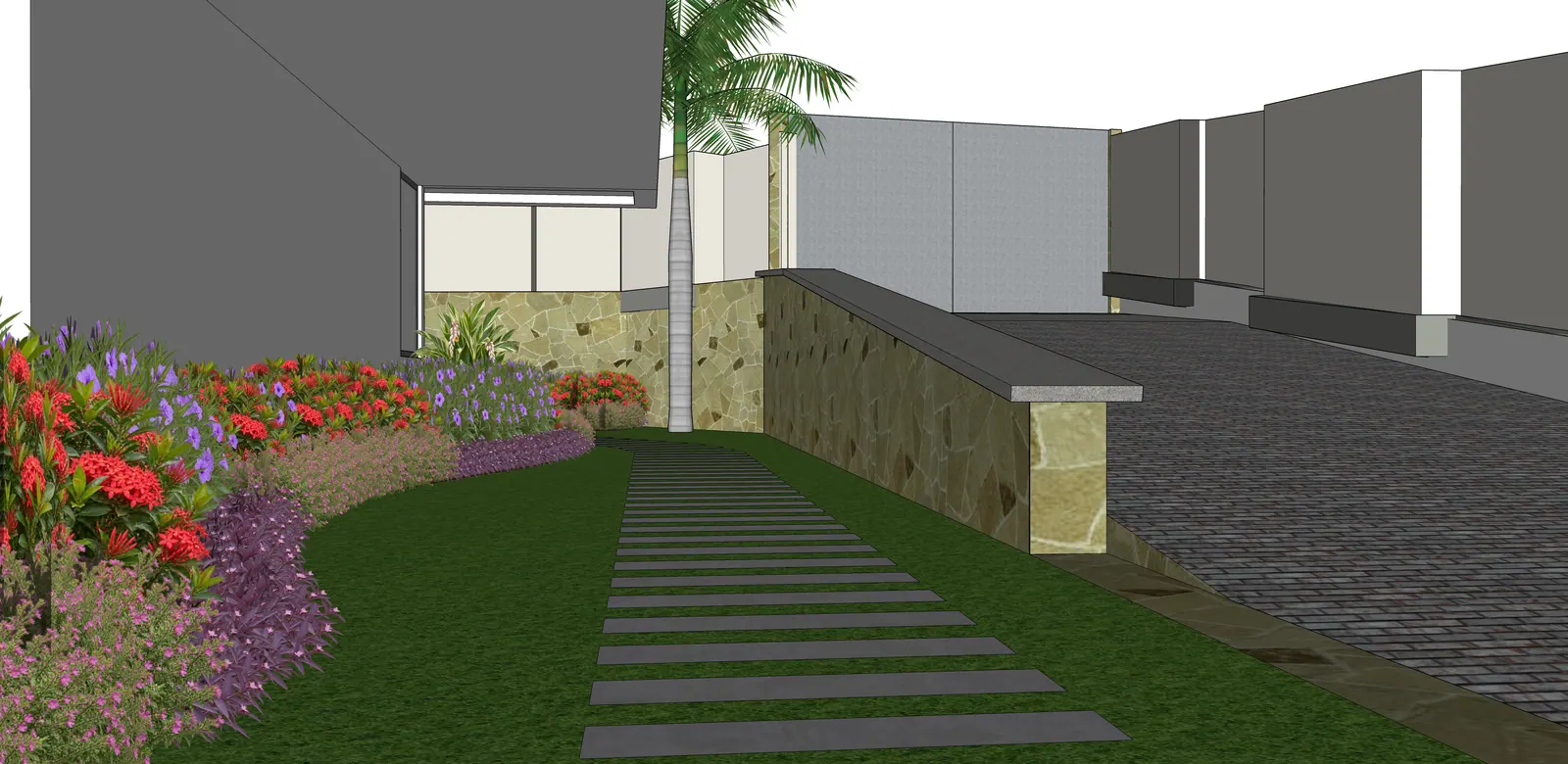 A pedestrian path follows the planting beside the house.