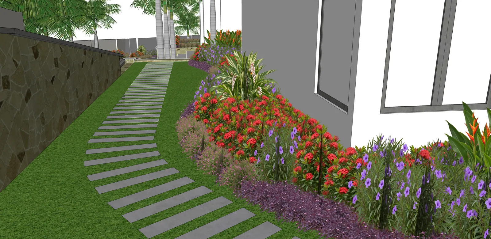 Stepping slabs turn with the planted border.