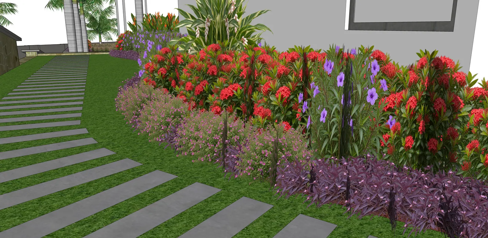 Layers of flowering plants soften the path and walls.
