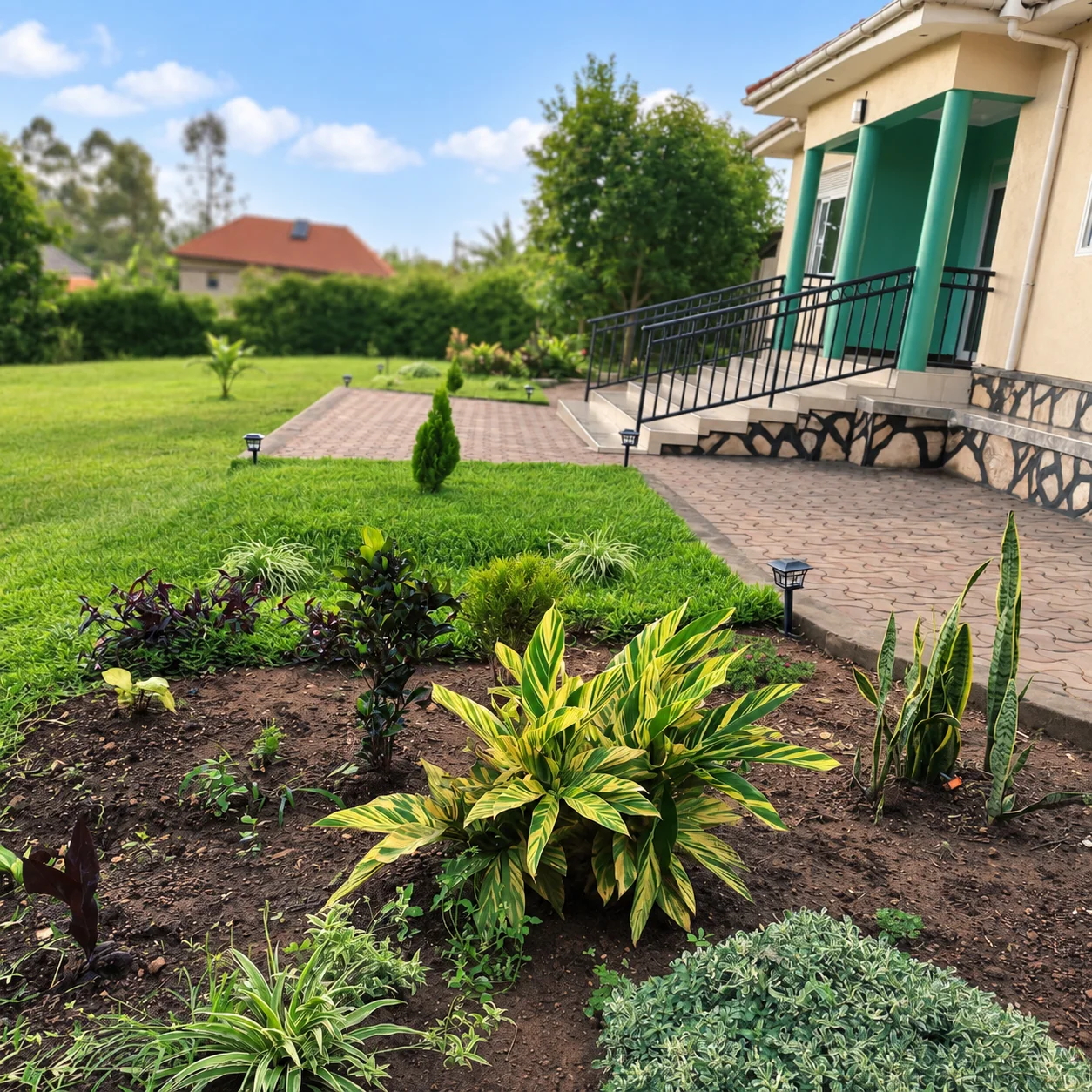 A planted garden bed, green lawn and paved paths around the house at Kawoko.