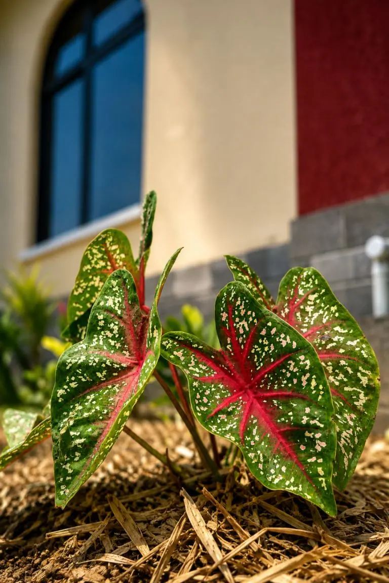 Red-veined green leaves with pale flecks beside the house at Kyenjojo