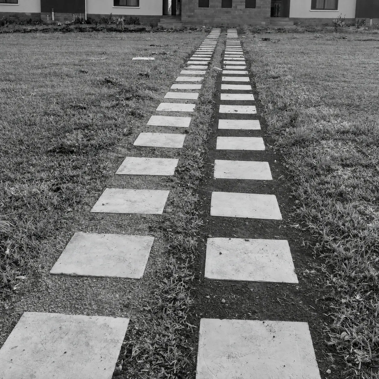 Two rows of pale stepping stones lead through the lawn towards the house.
